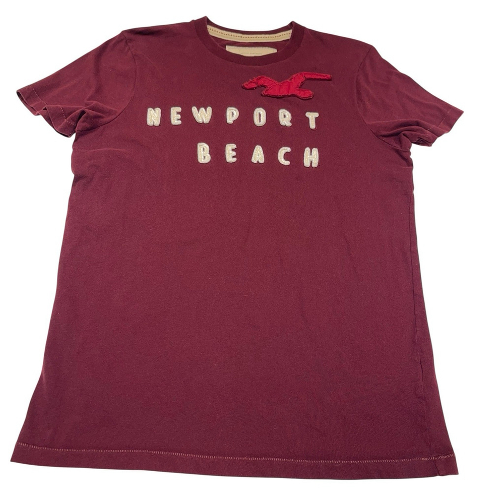 Hollister Y2K Mens Maroon L Tee Appliqué NEWPORT BEACH Seagull Streetwear Preppy